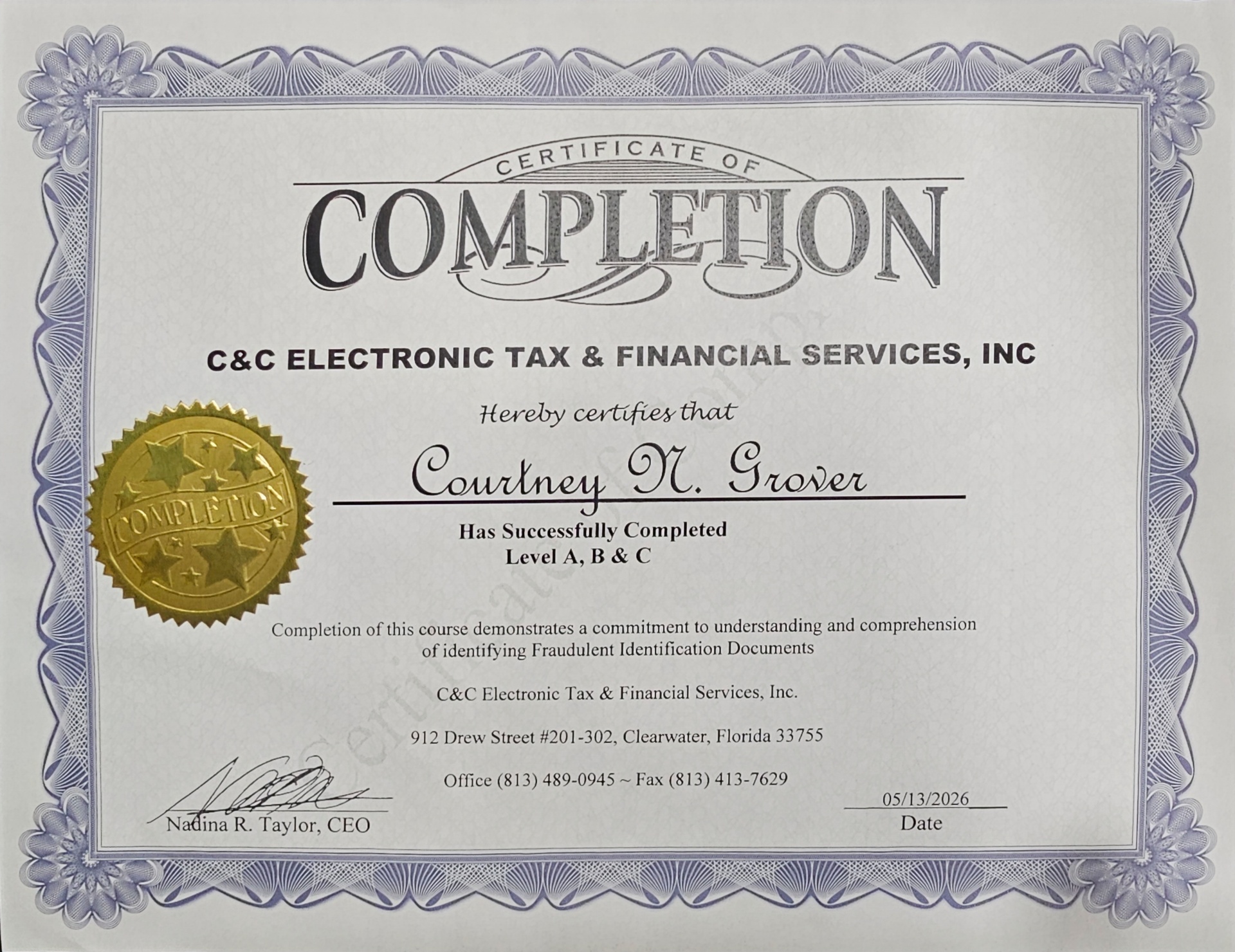 Certificate of Completion — Fraudulent Identification Documents, Levels A, B & C